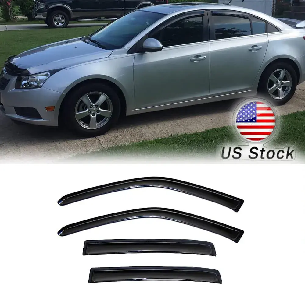Side Window Deflectors & Sun Visors for 2011-2015 Chevrolet Cruze, 2016 Chevrolet Cruze Limited - Reinforced Vehicle Exterior Replacement Accessories, Curved Shape, Pre-Taped, Rain Shield, Window Venting, Park‑Heat Relief