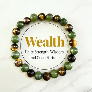Money Manifestation & Wealth Bracelet Luck Prosperity Confidence Positive Energy Tiger Eye Chinese Jade Gemstone Beaded Jewelry Gift for Unisex