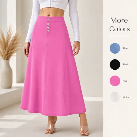 JUNBAOSS Women's Casual Stretch Mid Rise Long Denim Skirt Women Button Down Mid-Length Streetwear Denim A-Line Skirt