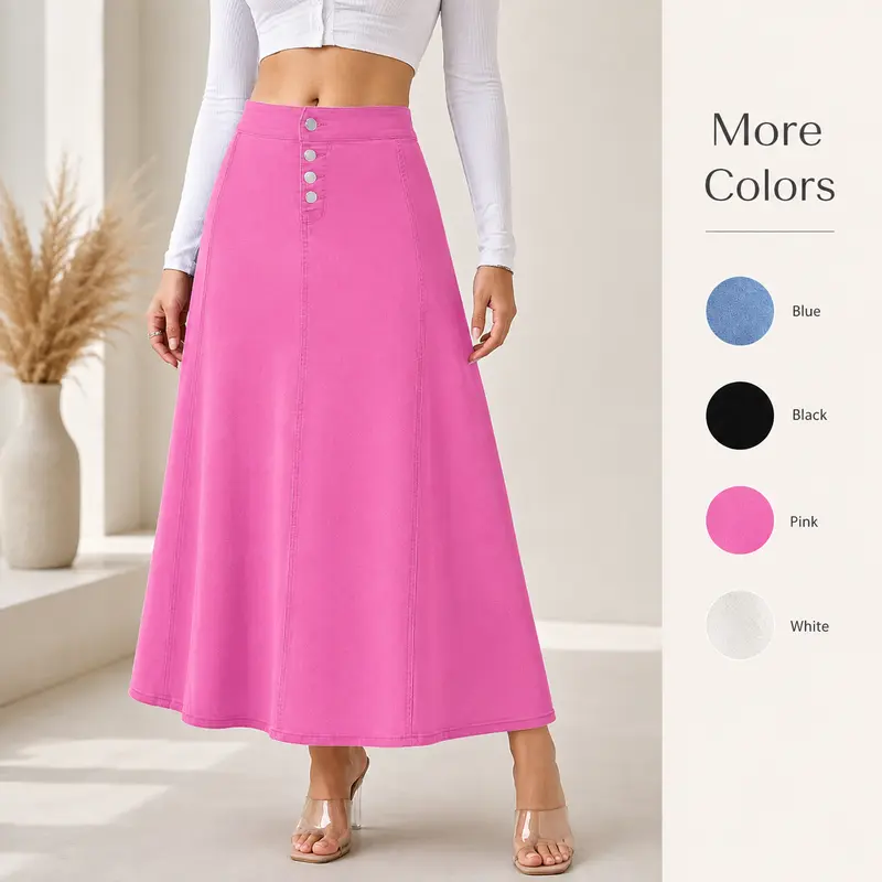 JUNBAOSS Women's Casual Stretch Mid Rise Long Denim Skirt Women Button Down Mid-Length Streetwear Denim A-Line Skirt
