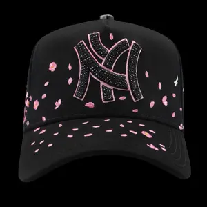 NY Japón Black Baseball Cap with Pink Floral Embellishments and Glitter NY Logo