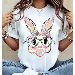Cute Bunny Rabbit T-Shirt White Colorful Easter Bunny With Heart Glasses And Bubblegum Print