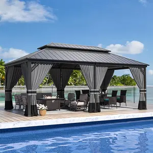 Hardtop Gazebo, Outdoor Double Roof Canopy with Netting and Curtains, Galvanized Metal Frame, Sunshade for Patio, Backyard, Deck and Lawns