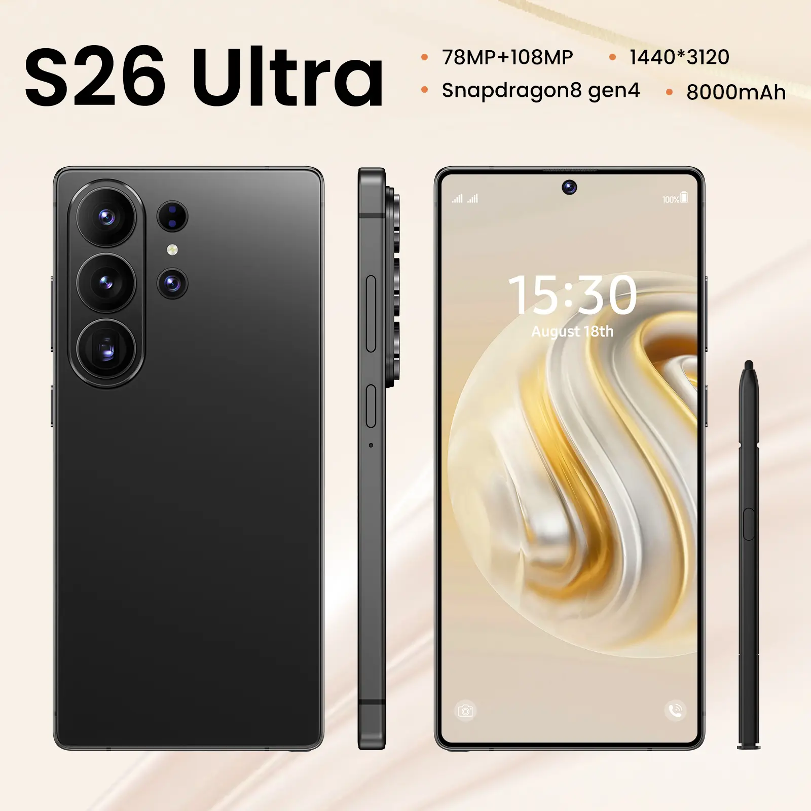 2026 Upgraded S26 Ultra 5G Unlocked Phone | 12GB+512GB | Android 15 | 6.99" HD Screen | 78MP+108MP Camera | 8000mAh | Built-in Pen | Dual SIM