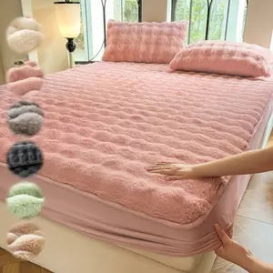 Faux Rabbit Fur Fitted Sheet 1pc – Striped Luxury Soft & Warm Solid Color Bedding with Pillowcase, All-Season Use, Perfect for Bedroom, Dorm, Sofa, Fluffy Cozy & Ideal Christmas Gift, Bed Sheets Set