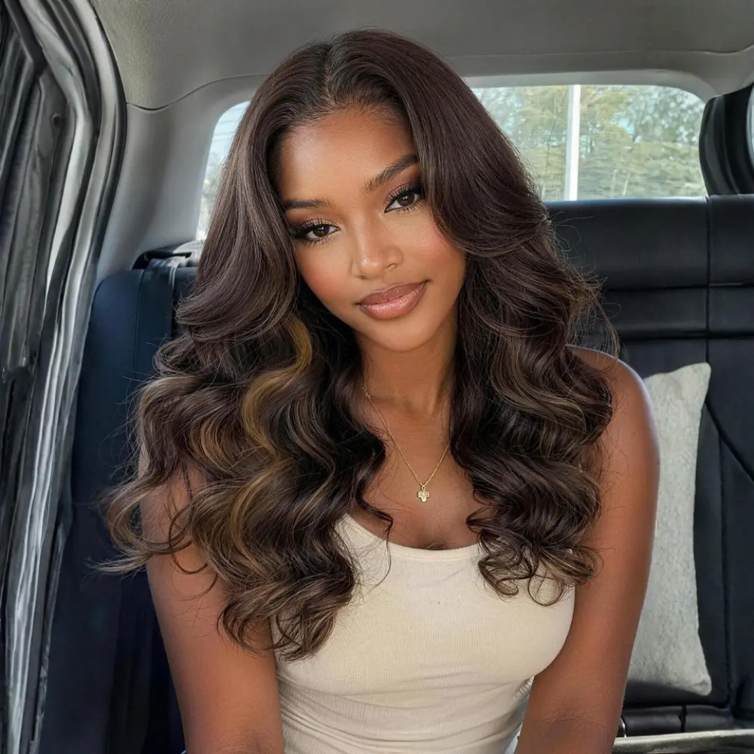 Nadula Chocolate Brown Balayage Body Wave Curtain Bangs Glueless 7×5 Lace Closure Human Wig Blonde Honey Long Layered Highlights Hollywood Glam Hair Wig