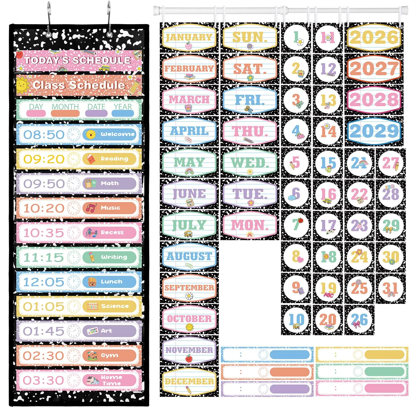 Back to School Classroom Flip Calendar & Daily Schedule Pocket Chart for Bulletin Board White Board, with 19 Reusable Dry Erase Cards & 52 Date Cards & Rod for Preschool Kindergarten Teacher Office Classroom Decor