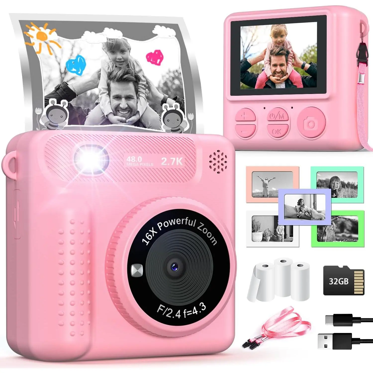 Aston Mini Digital Kids Instant Print Camera - 1080P Video, 32GB Memory, 7 Color Filters, Flash, Rechargeable, ABS, LCD Screen, Fixed Focus, Pink Outdoor Camera, for Boys, Party, Christmas & Birthday Gifts Ages 3-12