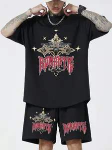Men's Y2K Grunge Gothic Oversized T-Shirt & Shorts Set - Heavyweight Streetwear Matching Outfit with Vintage Cross & Star Graphic, Essential for Summer Street Style and Festivals.