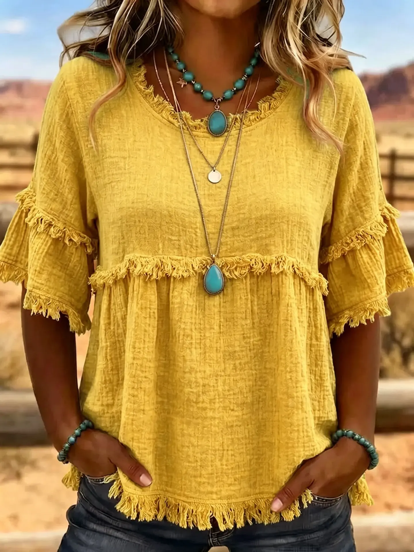 Women's Vintage Fringed Polo Blouse - Textured Fringe Hem, Short Sleeve, Crew Neck Tunic Top - Machine Washable for Spring Summer Casual Commuting, Layering, Blouses