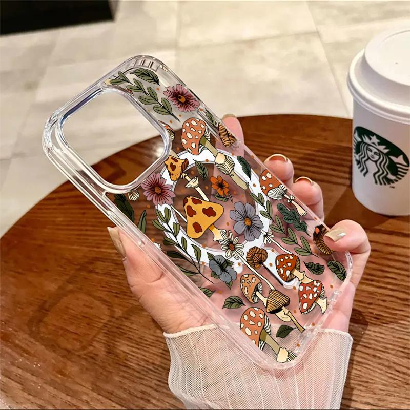 Mushroom & Wildflower Print Phone Case  Add A Touch Of Forest Charm & Playful Warmth To Your Daily Device Featuring Built-In Strong Magnet Ring Blending Smooth Macaron Texture With Secure Magsafe Compatibility For iPhone 17 16 15 14 13 12 11 X XS
