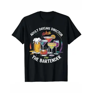 1pc Adult Daycare Director AKA The Bartender Graphic T-Shirt - 100% Cotton, Casual Crew Neck, Short Sleeve, Regular Fit, All-Season, 3D Printed Design, Flared Hem, Knit Fabric, 220gsm - Perfect Gift for Bartenders, Men, Dad, Friends - S-XXXL