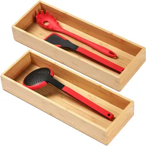 Set of 2 Bamboo Kitchen Utensils Organizer, Extra Long Silverware Drawer Holder, Flatware Cutlery Storage Box, Multi-Use Drawer Divider for Kitchen Office Bathroom Pantry, 17"x6"x2.5"