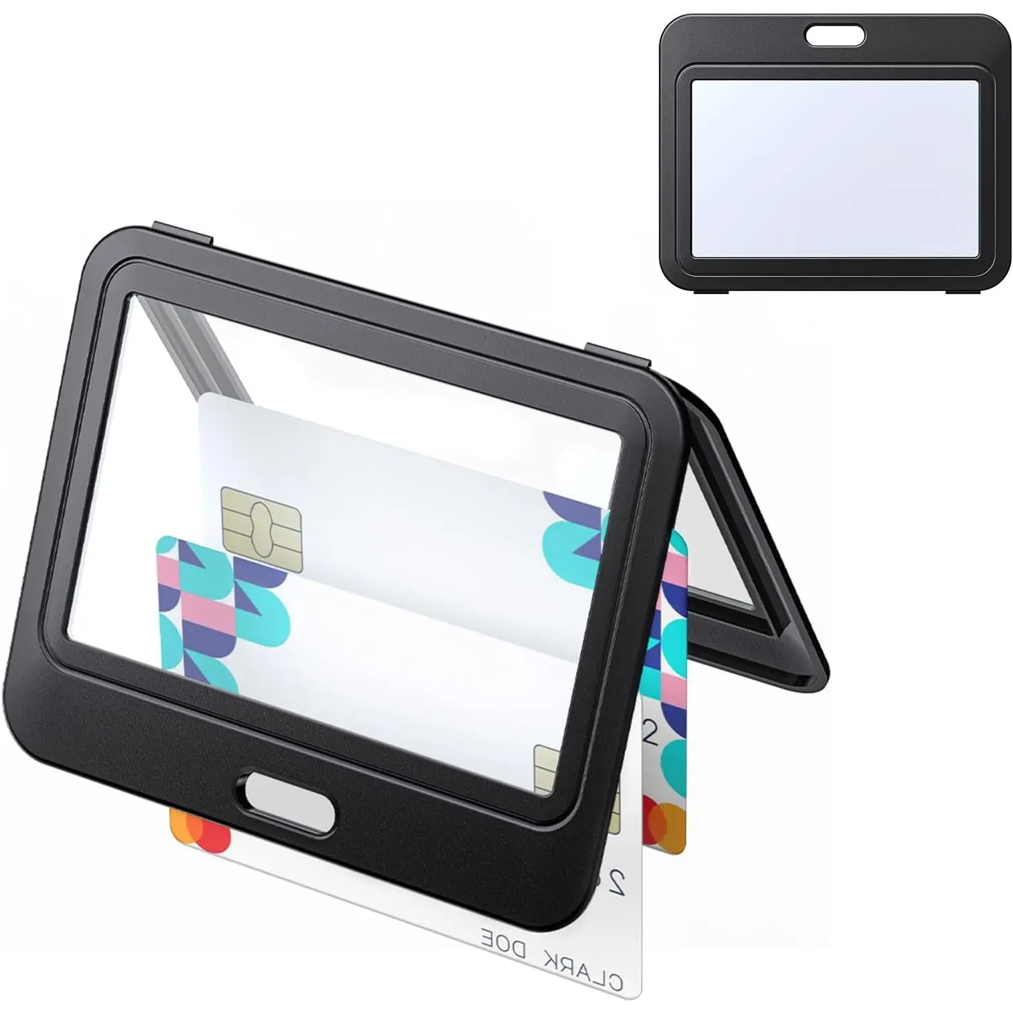 1 Pack ID Badge Holder with Double-Sided Windows Horizontal Hard Plastic Case Black Card Protector Pouch for Office School ID Credit Cards Proximity Key Cards Drivers Licenses and Passes