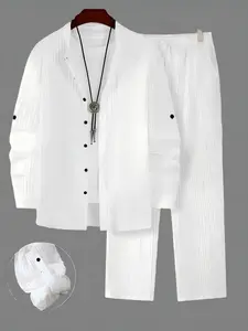 Men's 2-piece textured fabric ear loop with long sleeved shirt and loose drawstring casual pants set Outfit Overall Stylish