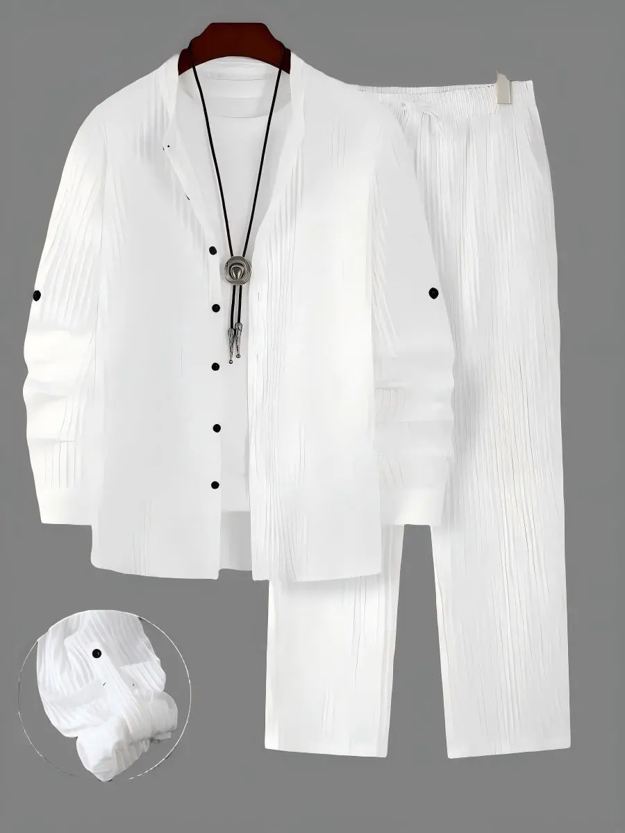 Men's 2-piece textured fabric ear loop with long sleeved shirt and loose drawstring casual pants set Outfit Overall Stylish