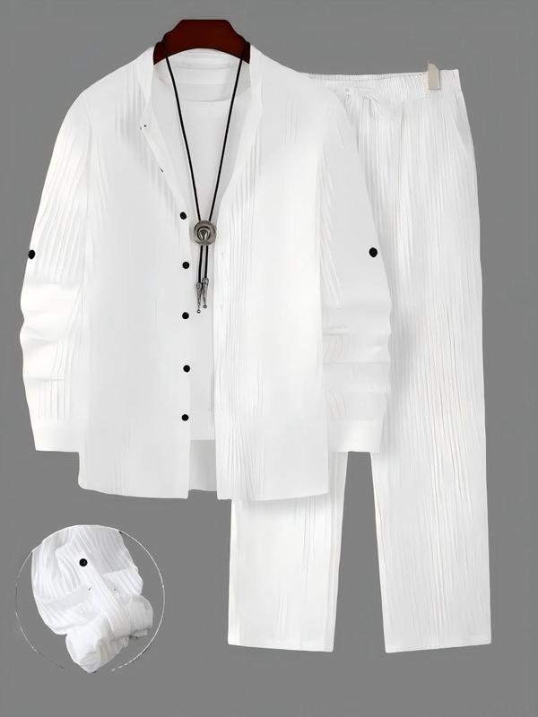 Men's 2-piece textured fabric ear loop with long sleeved shirt and loose drawstring casual pants set Outfit Overall Stylish Classic Menswear