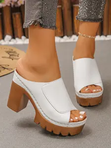 New Thick Sole High Heel Women Sandals, Summer Versatile Comfortable Footwear, Fashion PU Leather Plain Design, Less Than Ankle Height
