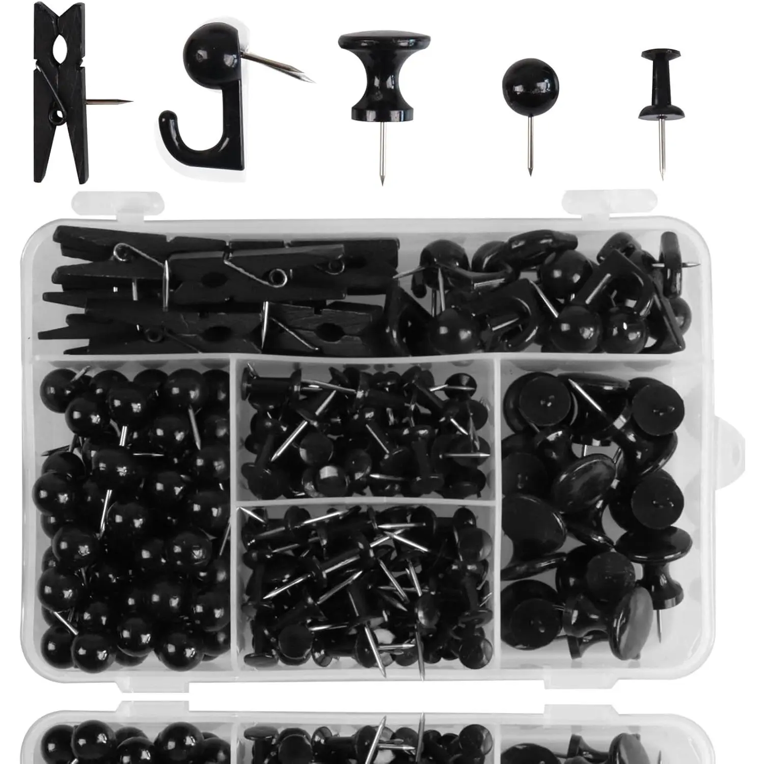 Push Pins Set, 200 count Thumb Tacks Map Pins, Tacks, 5 Types Pushpins Thumbtacks for Cork Board Bulletin Boards Office Accessories (Black)