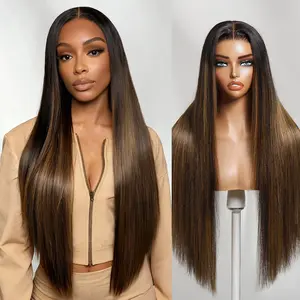 Nadula Black To Chestnut Brown With Highlights Yaki Straight 13x4 Lace Wig With Drawstring Human Hair Invisible Knots Glueless Put On And Go Beginner Friendly Natural Look TikTokShopSpringGlowUp Greenish