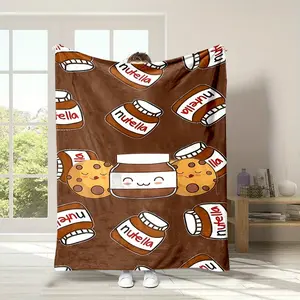 Flannel Throw Blanket Soft Lightweight All-Season Comfort, Cartoon Nutella & Cookie Pattern Fluffy, No Pilling/Shedding, Contemporary Style
