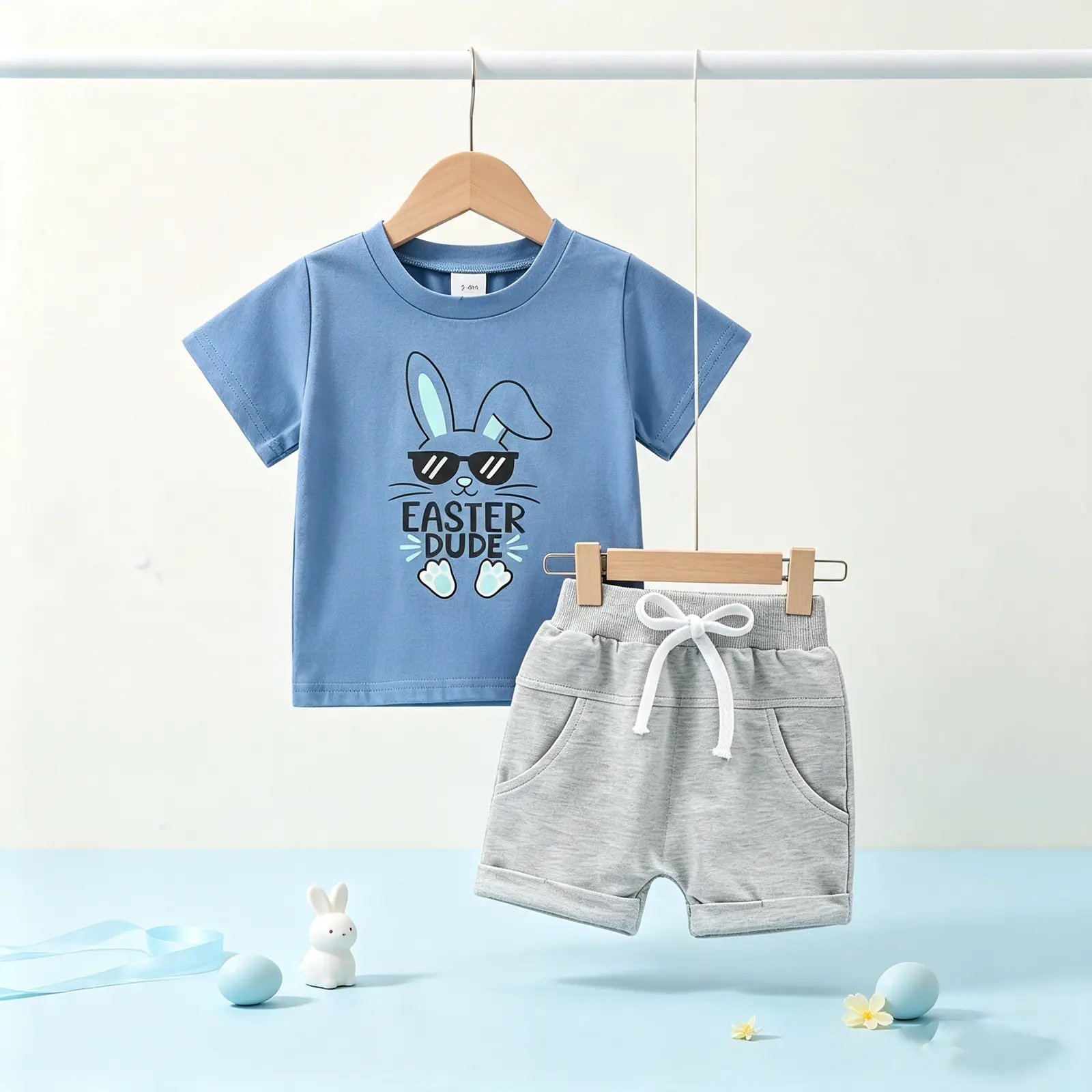 Toddler Boys' 2-Piece Easter Gift Set - Breathable Blend Safe Material, Animal Motif Bunny Print Short-Sleeve T-Shirt & Elastic Waist Shorts for Summer