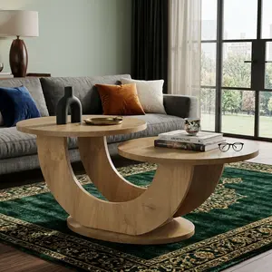 Round Farmhouse Coffee Table, 2-Tier Storage, U-Shaped Frame, Low Accent Center Cocktail Table for Living Room, Apartment, Home Decor (Natural)