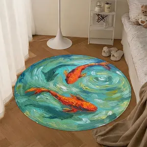 1pc Oil Painting Koi Fish Round Rug, Household Decorative Rug, Durable Non-Slip, Living Room Decor, New Chinese Style, Art Healing Home Carpet