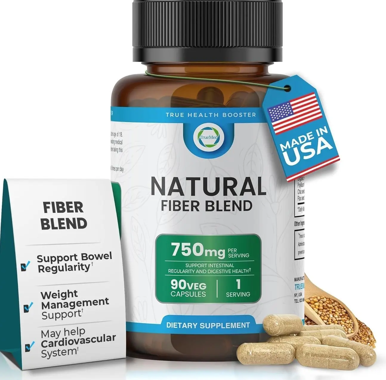 3-in-1 Fiber Supplement – 750mg Organic Blend with Psyllium Husk, Chia & Flax Seed – Plant-Based Fiber Capsules for Digestive Health & Cardiovascular Wellness – Made in USA – 90 Count