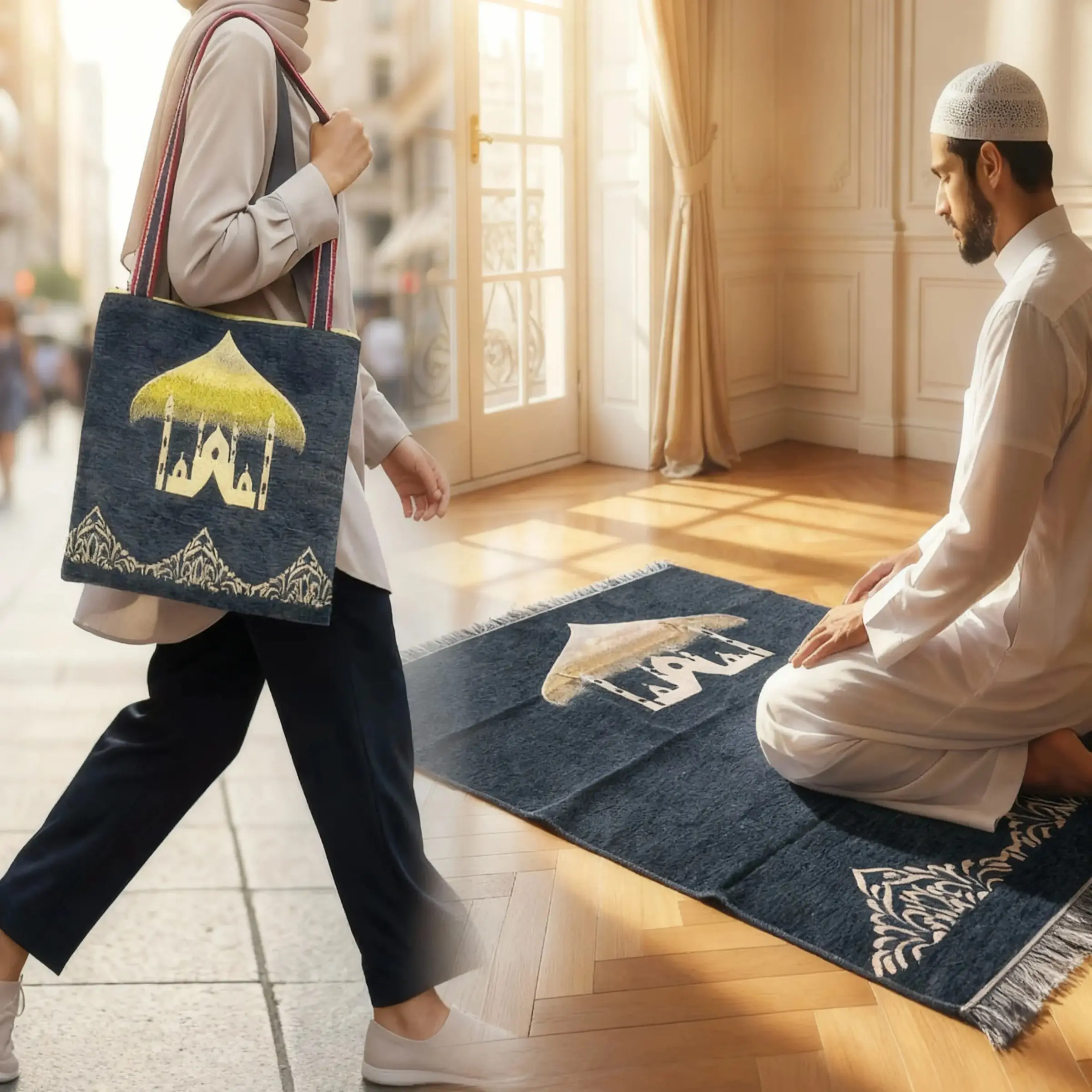 High-Quality Muslim Prayer Mat with Storage Bag, Soft Travel Carpet in and Gold Style, Islamic Prayer Accessories, Perfect Ramadan Gift, Size 120x70cm, Portable Foldable Mat