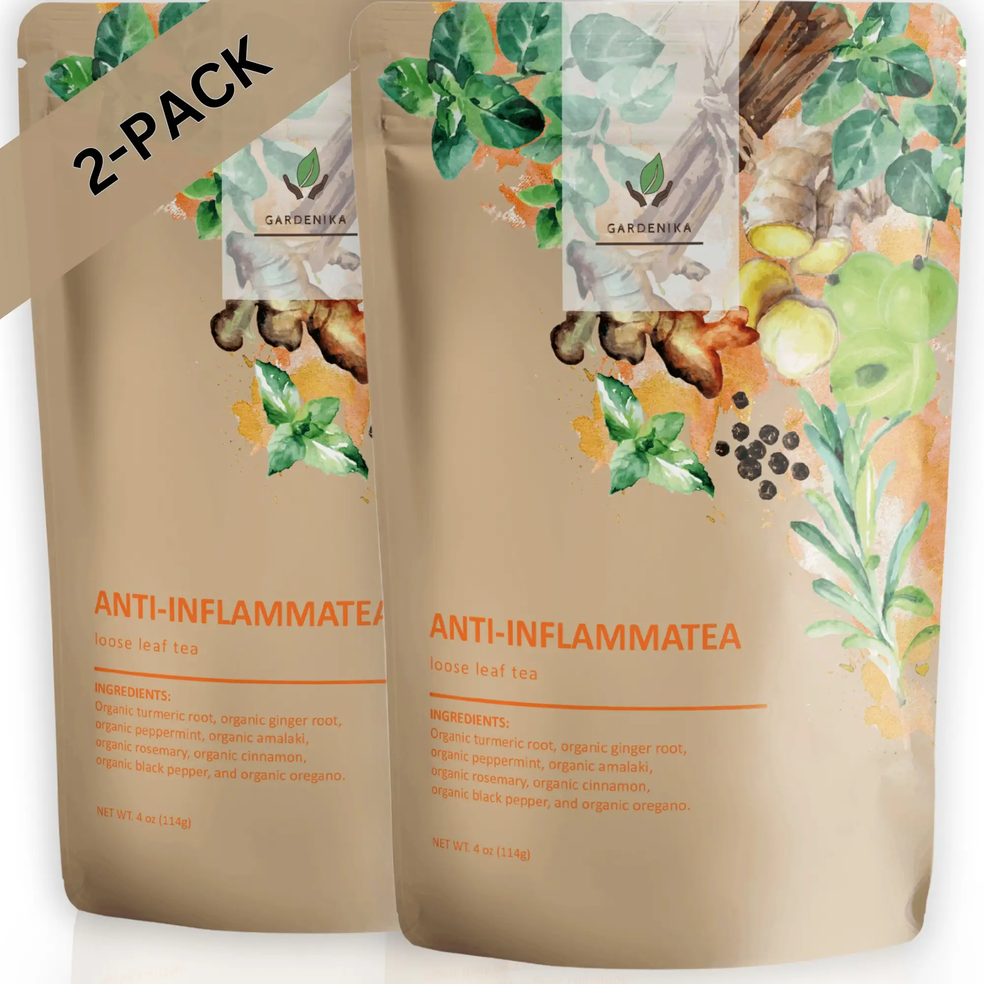 Gardenika Anti-Inflammatea Loose Leaf Tea with Ginger, Turmeric, Peppermint, Black Pepper - Natural, Organic, Herbal, Caffeine-Free - 2 Pack Beverage