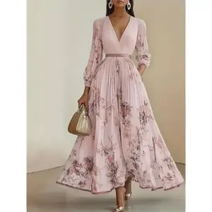 Elegant Olive Green V-Neck A-Line Formal Maxi Dress with Floral Lace Appliqu¨¦, Ruffled Bodice & Slit Hem - Machine Washable Women's Wedding, Party & Evening Gown, Wedding Dresses, Wedding Guest Attire, Vneck Design, Pleated Skirt Style