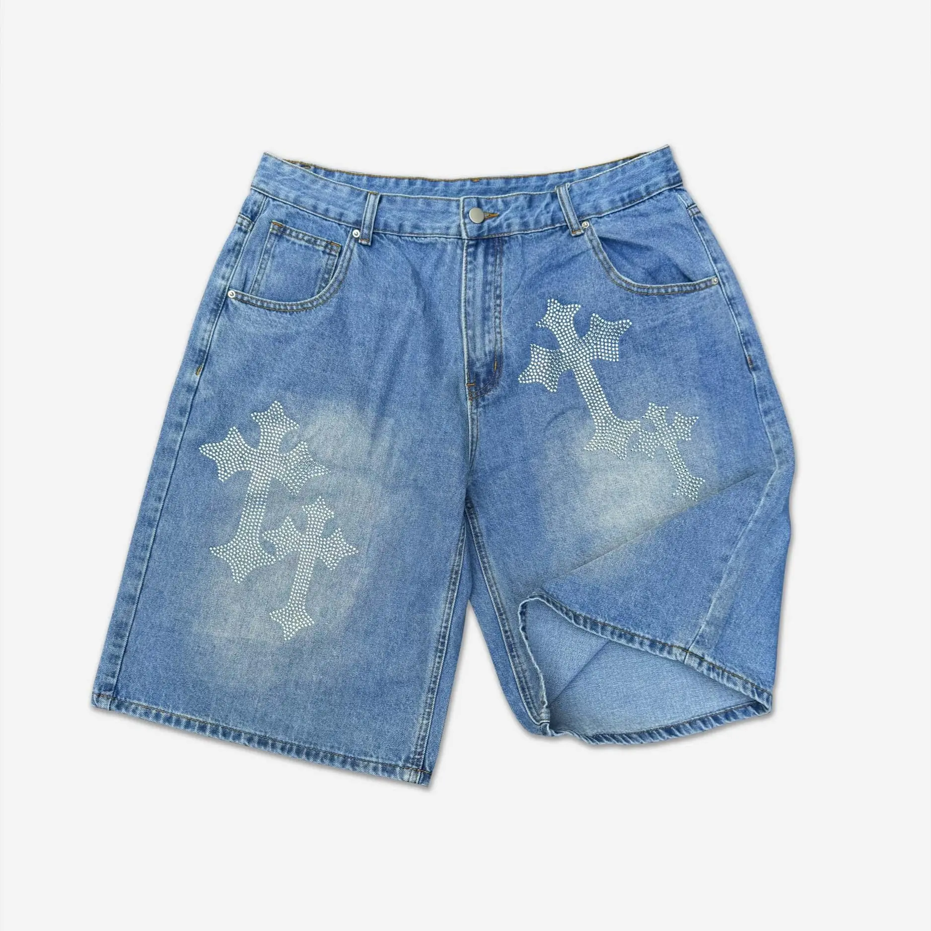 SOPULA Men's Denim Shorts with Rhinestone Cross Graphic, Casual Streetwear Baggy Wide-Leg Fit in a Cotton-Spandex Blend
