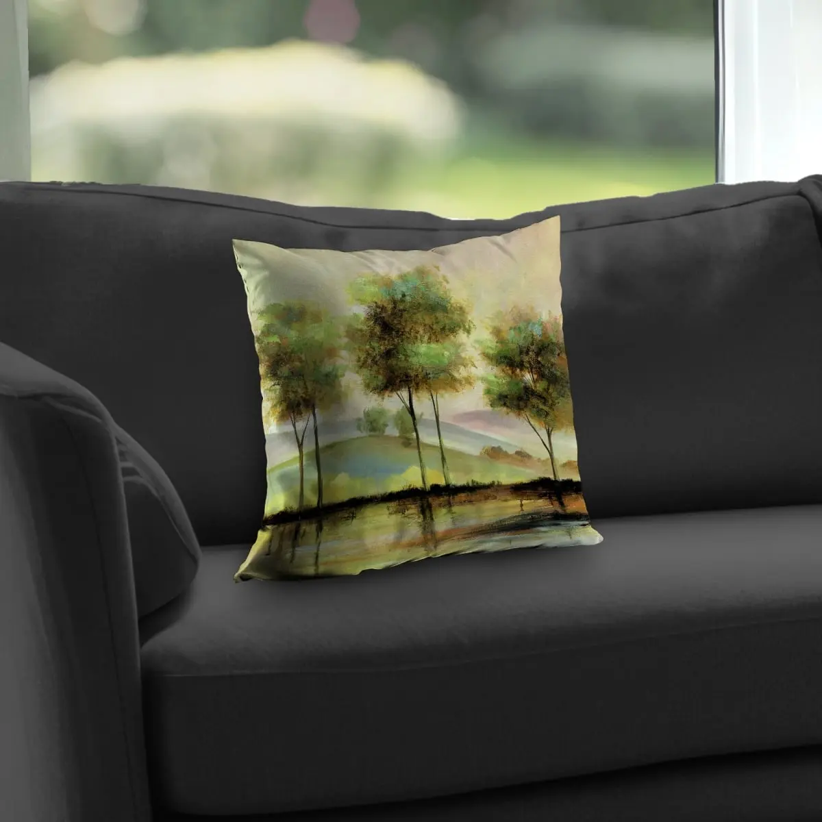 360 stand Poly Twill Throw Blanket - 14x14 in Green Lake Trees Nature Scene, Fade-Resistant, Soft Cozy Lightweight Bedroom Blanket, Contemporary Home Decor Textile, Decorative Giftable Soft Furnishing, Decorative Giftable Blankets
