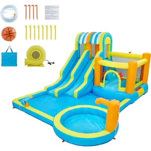 9 in 1 Inflatable Water Slide Park16 ft Kids Water Bounce House with Dual Racing Slides Climbing Wall Basketball Hoop Trampoline Splash Pool Heavy Duty Blow Up Water Slides for Backyard Outdoor