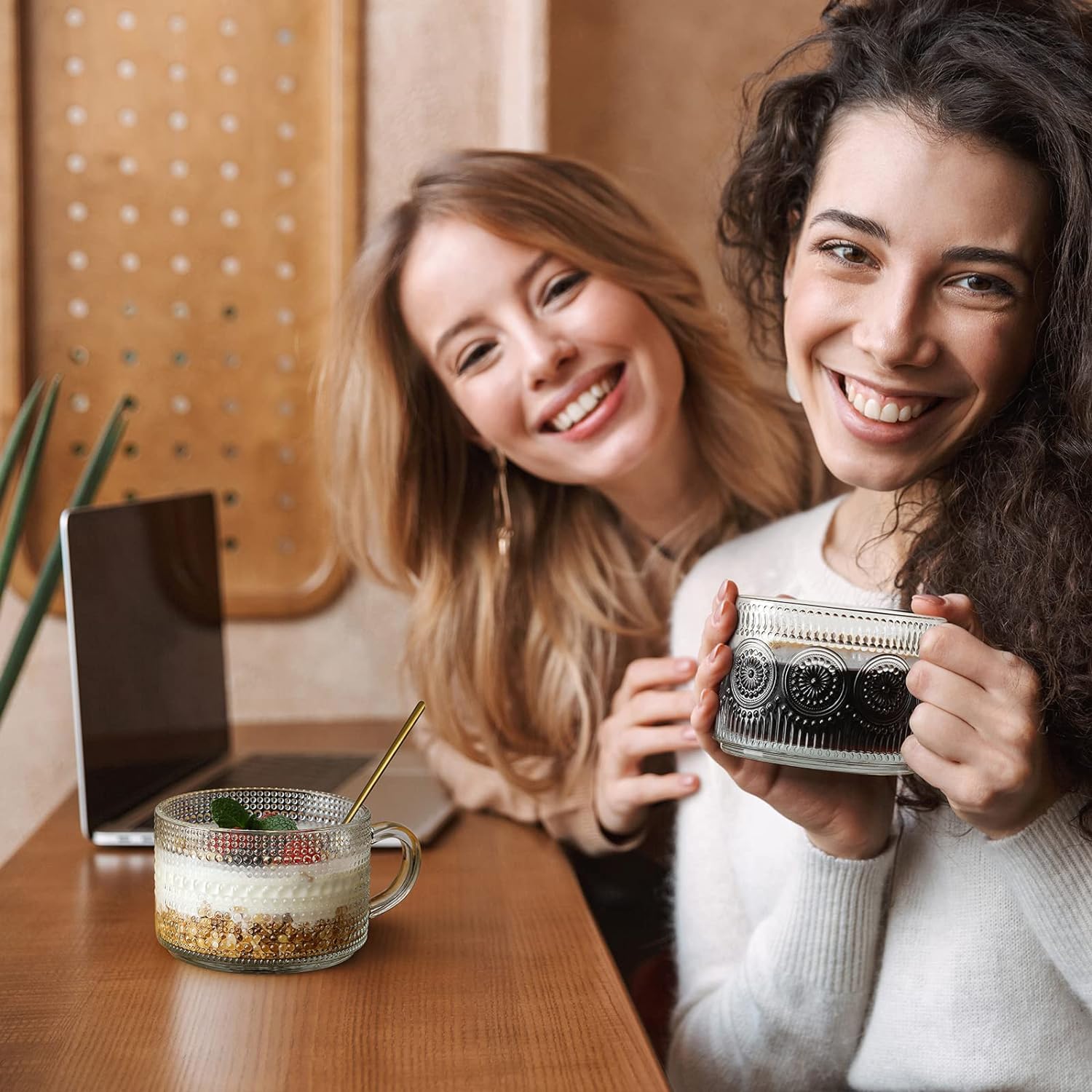 Vintage Coffee Mugs Set 14oz Clear Embossed Glass Cups with Bamboo Lids & Rose-Gold Spoons Sunflower & Raindrop Patterns Ideal for Cappuccino Latte Drinkware - Classic