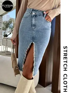 Asymmetrical Slit Elastic Denim Skirt, Raw Hem Design, Waistband Detail, Short Half-Pant Style, Perfect for Casual Wear