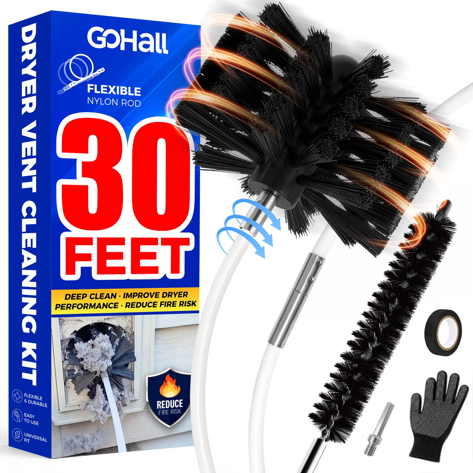 2026 Upgraded GOHALL 30FT Dryer Vent Cleaner Kit, 21 Flexible Nylon Rods with 4-Inch Brush, Drill Adapter and Lint Brush for Deep Lint Removal, Dryer Vent and Fireplace Chimney Cleaning Tool, Helps Reduce Fire Risks and Improve Dryer Efficiency