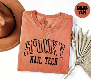 Spooky Nail Tech Halloween Shirt Nail Technician Tshirt Gifts for Women Nail Tech Tee Crewneck Short Sleeve Trendy
