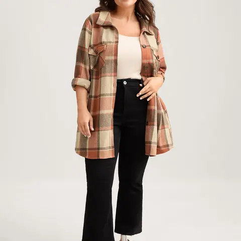 BloomChic Women's Plus Size Oversized Plaid 60% Polyester 40% Cotton Shacket - Loose Cut Button-Down Open Front Coat, Long Sleeve Layering Top with Chest & Side Pockets, Machine Wash Casual Jackets Outerwear, Rust, Coats,SohoChic