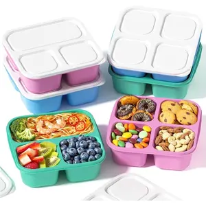 6 Pcs Snack Box Container Set, Reusable 3&4 Compartment Meal Prep Snack Containers for Adults Kids Toddler, Divided Lunchable Container for School