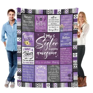 My Sister Flannel Blanket Soft Cozy Gift Throw with Heartwarming Sisterhood Quotes Stylish Purple Patchwork Design Perfect for Gifting Snuggling or Adding Sweet Bonding Charm to Any Home Space
