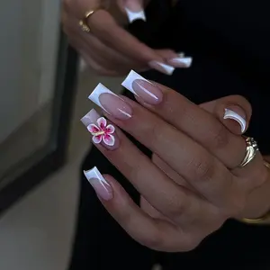 24pcs Medium Long Square Press-On False Nails, Flower Design, French Style, Reusable with Jelly Glue & File, Women's Party Daily Wear