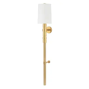 Cormoran Sconce 3-Foot Tall Oversized Wall Light With Vintage Brass Finish And White Linen Shade
