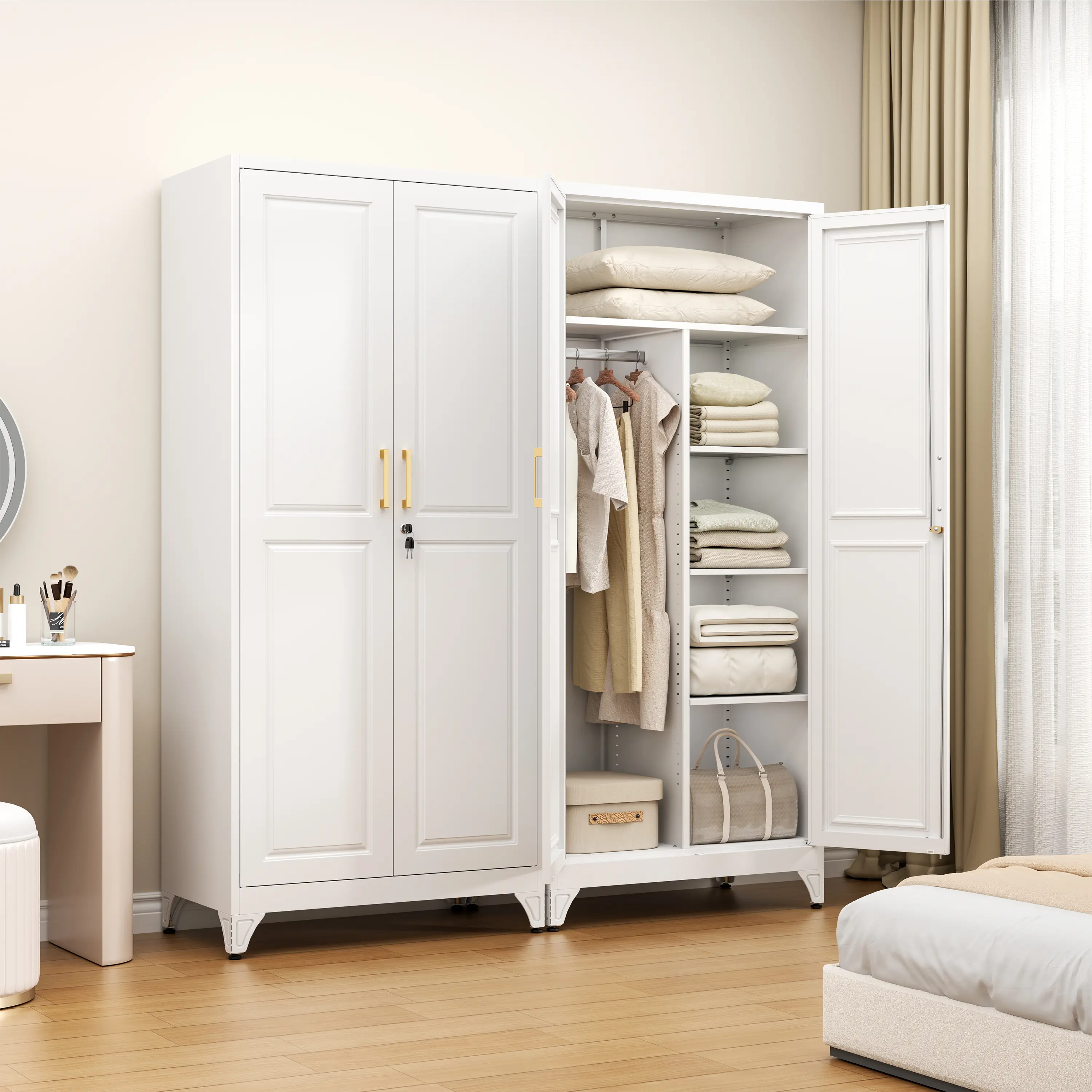 Minimalist White Freestanding Double Door Wardrobe, Multi-functional Clothing Storage Cabinet with Internal Shelves and Hooks for Bedroom Daily Storage Freestanding Clothing Storage Cabinet, Built-in secure lock system with 2 spare keys