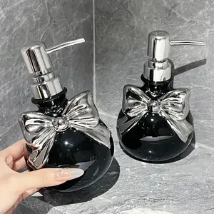 Ceramic Bow Soap Dispenser PB653663 - 11.83oz Refillable Pump Bottle with Pink Bows Phthalate-Free for Bathroom Kitchen Shampoo Shower Gel Hand