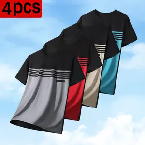Men’s breathable summer T-shirt 4-pack, color-block stripes, slightly stretchy fabric, lightweight quick-dry, suitable for gym, casual, and outdoor wear, minimalist stylish look, easy to pair for any occasion durable polyester beach outfit men concert