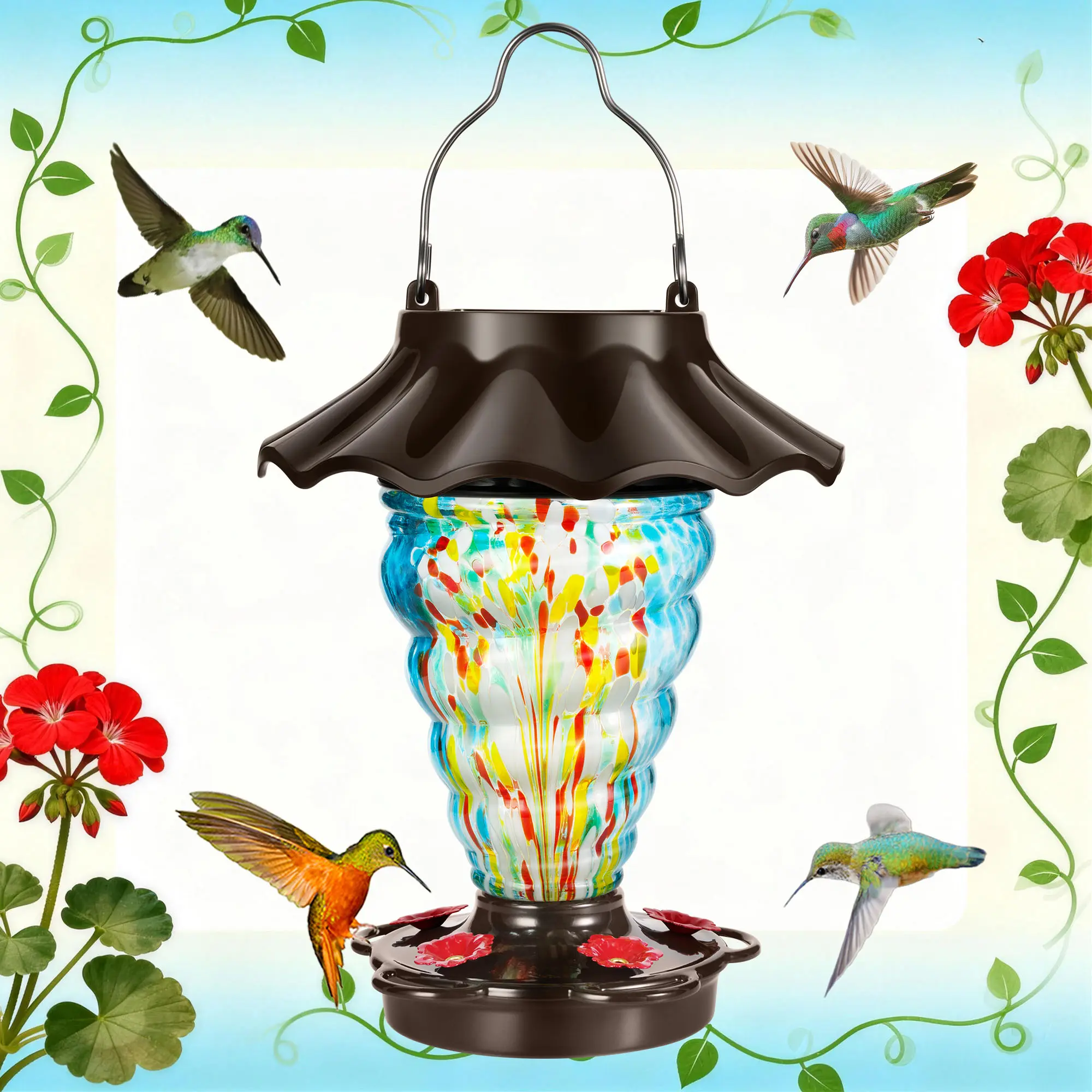 28 fl.oz Hand-Blown Glass Solar Hummingbird Feeder - Rustproof Metal Base Bird Supply, Garden Decoration for Attracting Hummingbirds & Vines, Holiday Gift for Bird Lovers