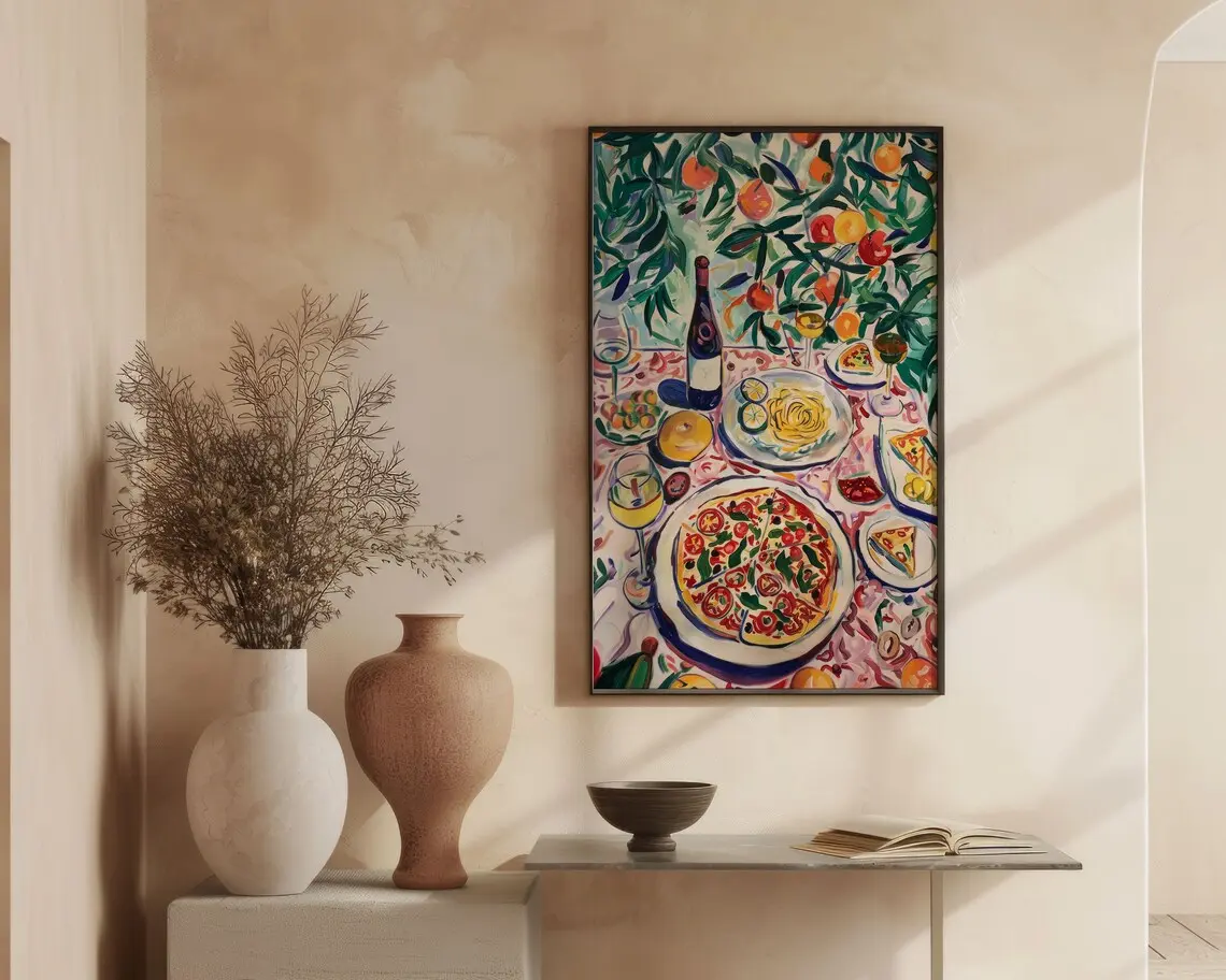 Italian Feast with Pizza Pasta and Wine, Vibrant Kitchen Decor and Dining Room Wall Art Poster, Unframed Poster