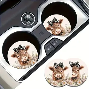 2pcs Scottish Highland Cow Car Cup Coasters - Cute Cow Print with Black & White Checkered Bow & Scottish Tartan Pattern, Non-Slip Drink Holders for Vehicles, Washable Dashboard Protectors (Cup Holders Compatible) for Scottish-Themed Car Interior Accessory